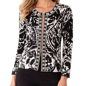 Michael Simon Couture Beaded Cardigan | Black White Graphic | Large